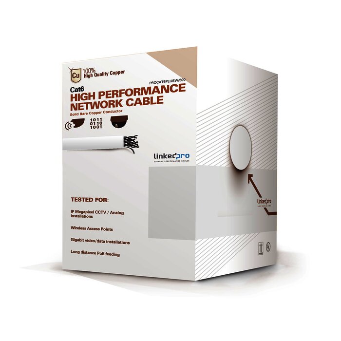 Bobina de cable de 152 Metros Cat6+ CALIBRE 23 ALTO DESEMPEÑO, super flexible, UL, color Blanco, para aplicaciones de CCTV y redes de datos