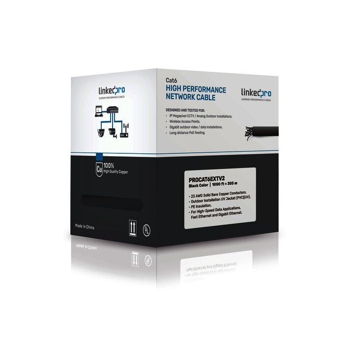 Bobina de cable de 305 Metros Cat6+ CALIBRE 23 Exterior Blindado tipo FTP para CLIMAS EXTREMOS, UL, color Negro,