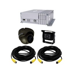 Sistema de videovigilancia móvil AHD todo en uno, incluye MDVR de 4 canales análogo AHD que soporta almacenamiento en Disco duro , 1 cámara domo para interior con micrófono integrado, 1 tipo turrent AHD para exterior