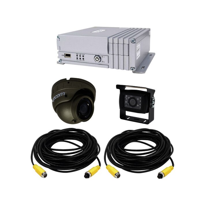 Sistema de videovigilancia móvil AHD todo en uno, incluye MDVR de 4 canales análogo AHD que soporta almacenamiento en Disco duro , 1 cámara domo para interior con micrófono integrado, 1 tipo turrent AHD para exterior