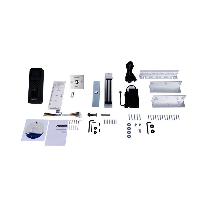 Kit de Control de Acceso TODO INCLUIDO con Lector de Huellas y Tarjetas compatible con App HIKConnect / Incluye Electroimán Botón de Salida y Montajes Z y L para imán (DS-K1T804)