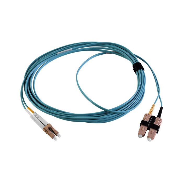 Jumper de Fibra Óptica Multimodo 50/125 XGLO OM3, LC-SC Duplex, OFNR, Color Aqua, 5 Metros