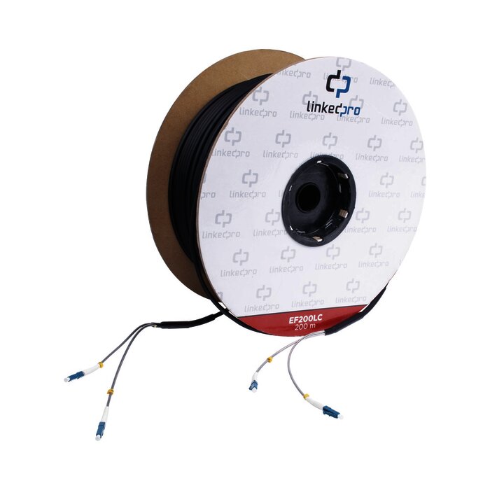 Carrete de Fibra Óptica Monomodo con conectores LC-LC Duplex, Reforzada con Kevlar, de 200 metros