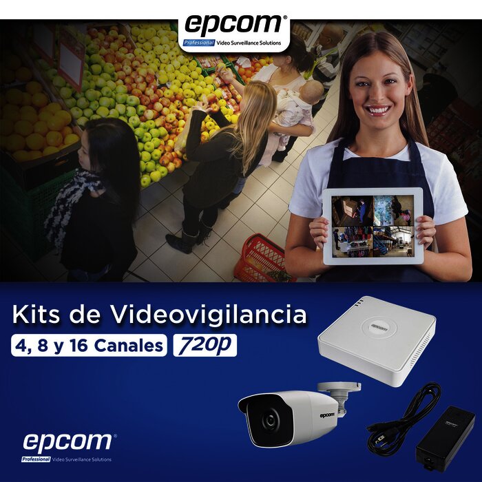 KIT TurboHD 720p / DVR 4 Canales / 4 Cámaras Bala (exterior 2.8 mm) / Transceptores / Conectores / Fuente de Poder Profesional