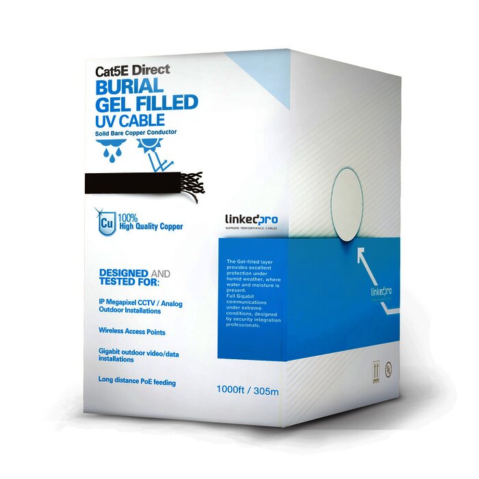 Bobina de cable de 305 m, Cat5E, con gel, para intemperie, doble forro extrema humedad, bajo tierra, UL, color negro para aplicaciones en CCTV, y redes de alta velocidad.