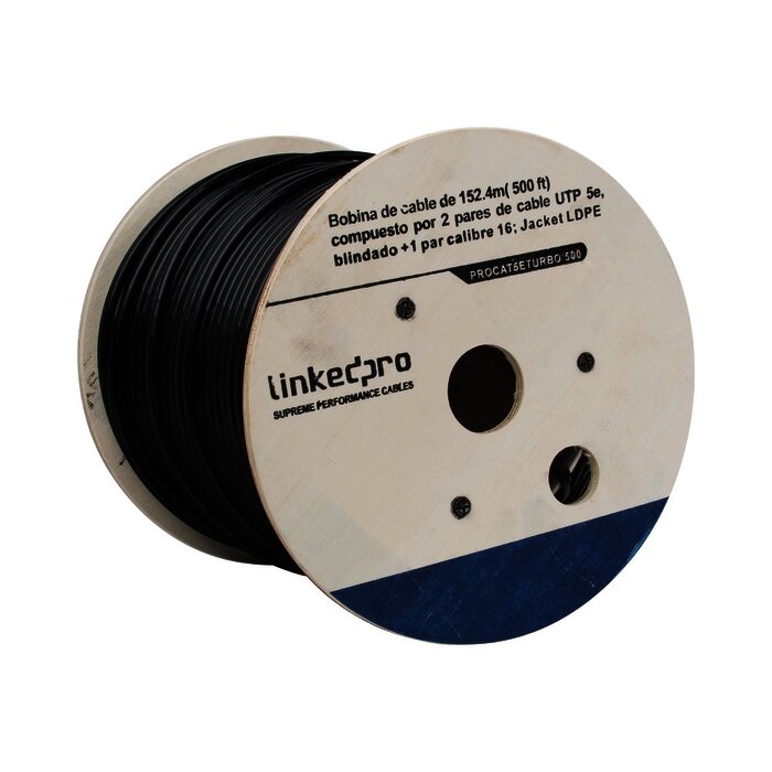 Bobina de cable de 152 m ( 500 ft ) compuesto por 2 pares de cable UTP 5e , blindado + 1 par calibre 16 ; Jacket LDPE ( Cable 100% Cobre )