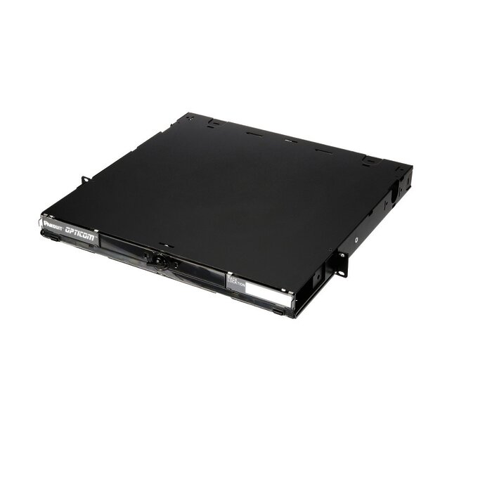 Panel de Distribución de Fibra Óptica, Acepta 4 Placas FAP o FMP, Bandeja Deslizable e Inclinable Hacia Abajo, Hasta 96 Fibras, Color Negro, 1UR