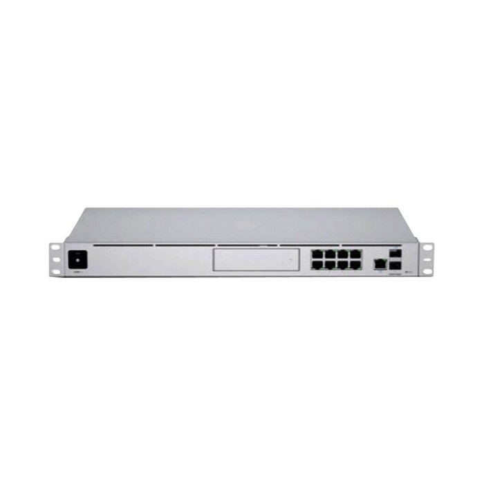 UniFi Dream Machine Pro, de 1 UR con un puerto 10G SFP+ WAN, 8 puertos 10/100/1000 Mbps RJ-45 LAN, y una bahía de HDD 3.5", integra todos los controladores UniFi