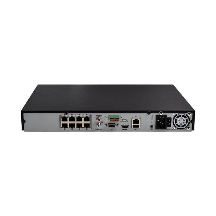 NVR 8 Megapixel (4K) / 8 canales IP / 8 Puertos PoE+ / 2 Bahías de Disco Duro / Switch PoE 300 mts / HDMI en 4K