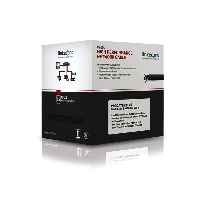 Bobina de cable de 305 m, Cat5e , FTP, blindado, para intemperie, color negro, UL, para aplicaciones en CCTV, redes de datos.