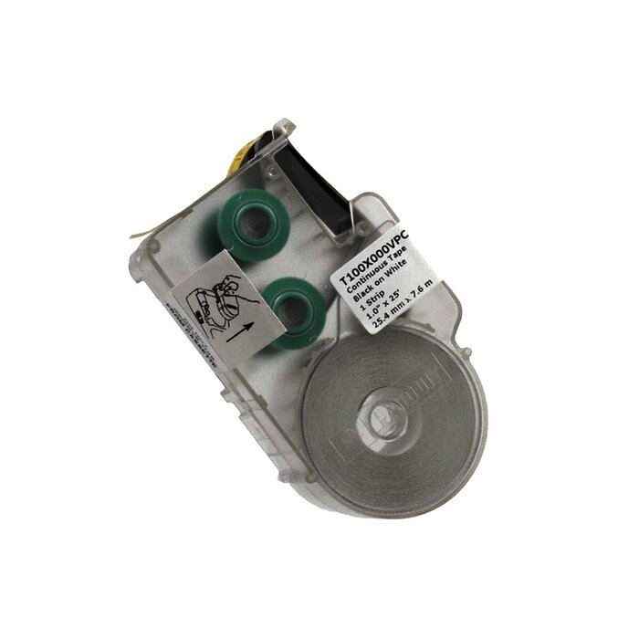 Casete de etiquetas de vinilo, cinta continua, color negro sobre blanco, 25.4 mm de Ancho x 7.6 metros de largo