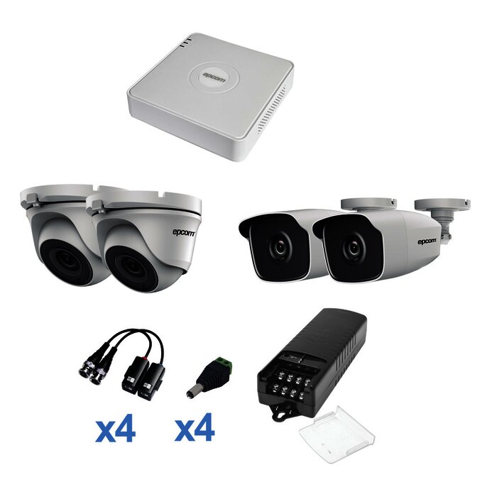 KIT TurboHD 720p / DVR 4 Canales / 2 Cámaras Bala (exterior 2.8 mm) / 2 Cámaras Eyeball (exterior 2.8 mm) / Transceptores / Conectores / Fuente de Poder Profesional