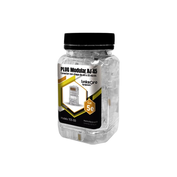 Bote con 100 Piezas de Plug Modular RJ45 Cat5e sin blindaje, chapado de oro a 30 micras para durabilidad extrema